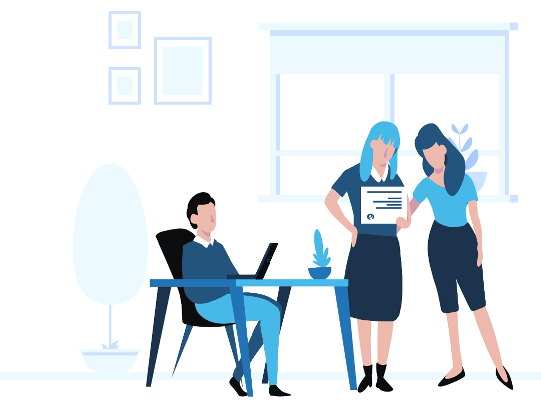 Ilustración azul de asesores trabajando