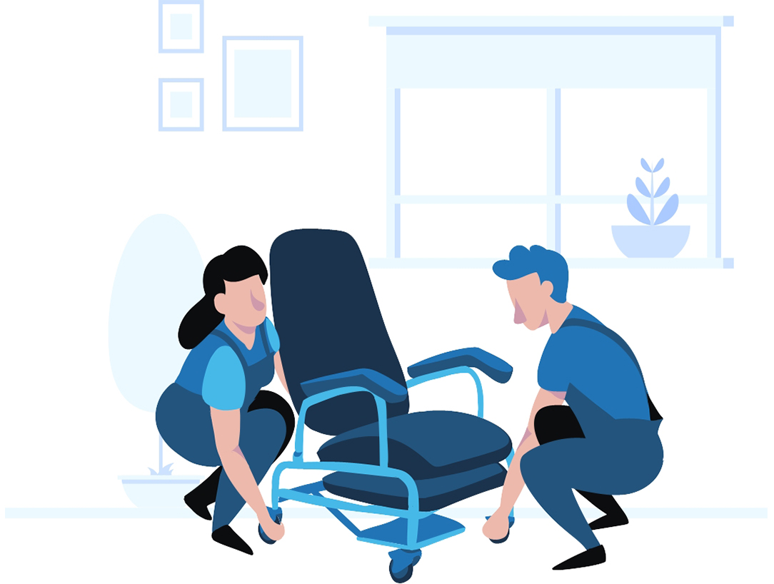 Ilustración corporativa azul de personas montando una silla