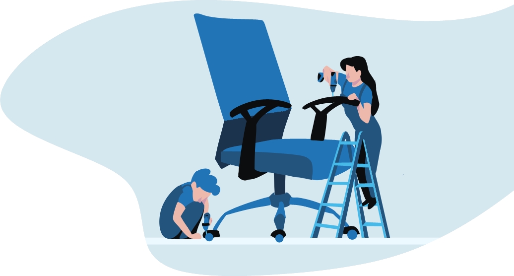 Ilustración azúl, una mujer y un hombre montando una silla