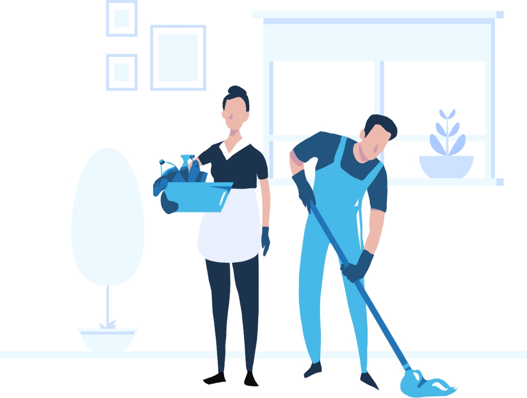 Ilustración azul de dos personas limpiando la ciudad